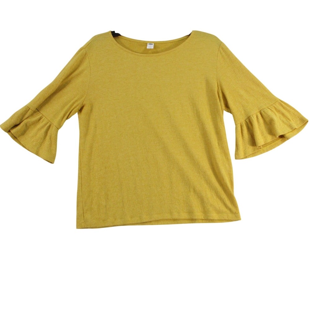 Old Navy Womens Mustard Yellow Ribbed Knit Bell Sleeve Top Size M Crew Neck